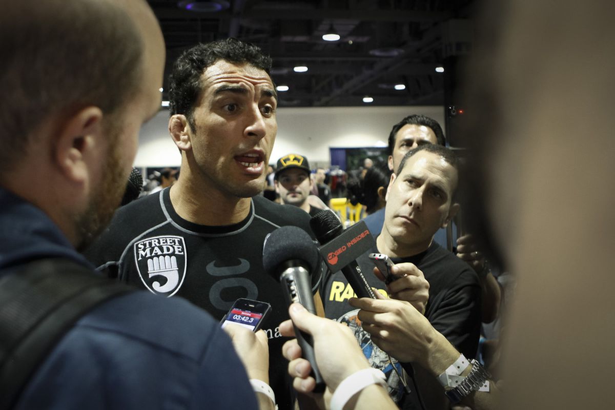 Braulio Estima gives interviews after the cancellation of the grappling superfight with Nick Diaz. Photo by Esther Lin of MMA Fighting.