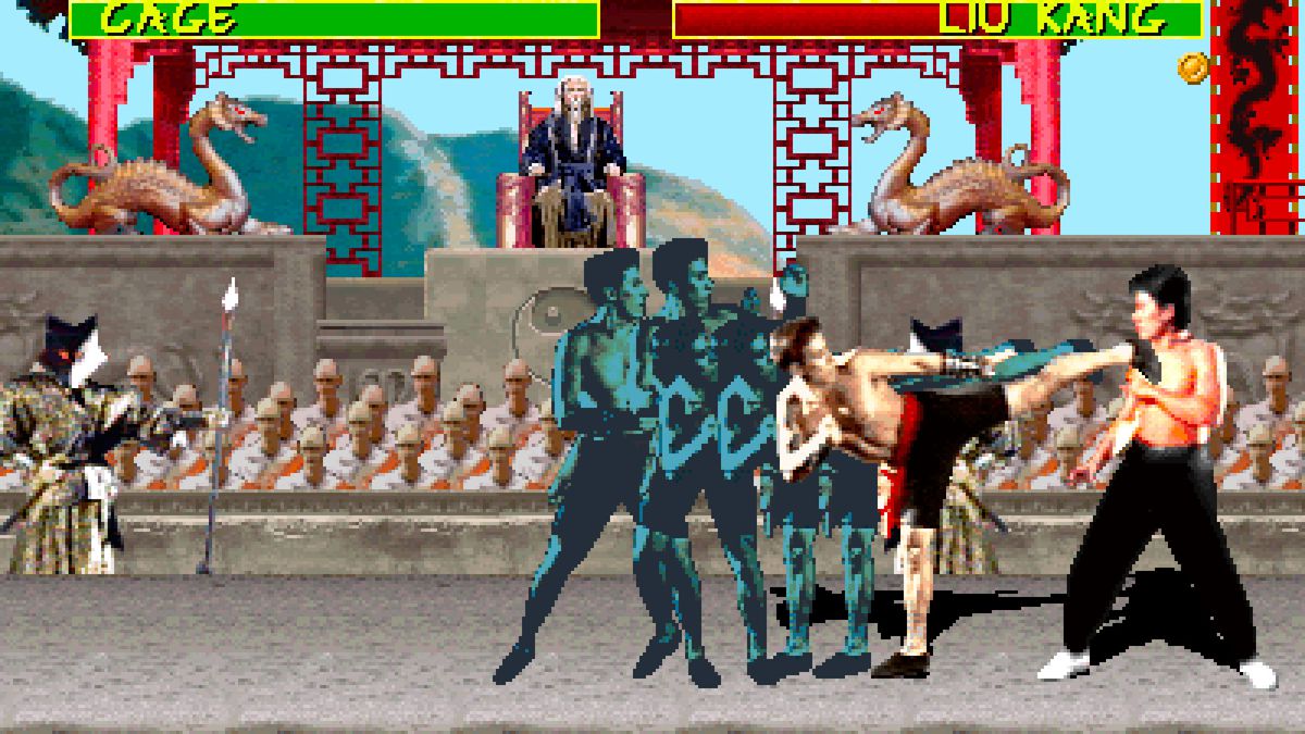 Johnny Cage performs a shadow kick against Liu Kang in the original Mortal Kombat