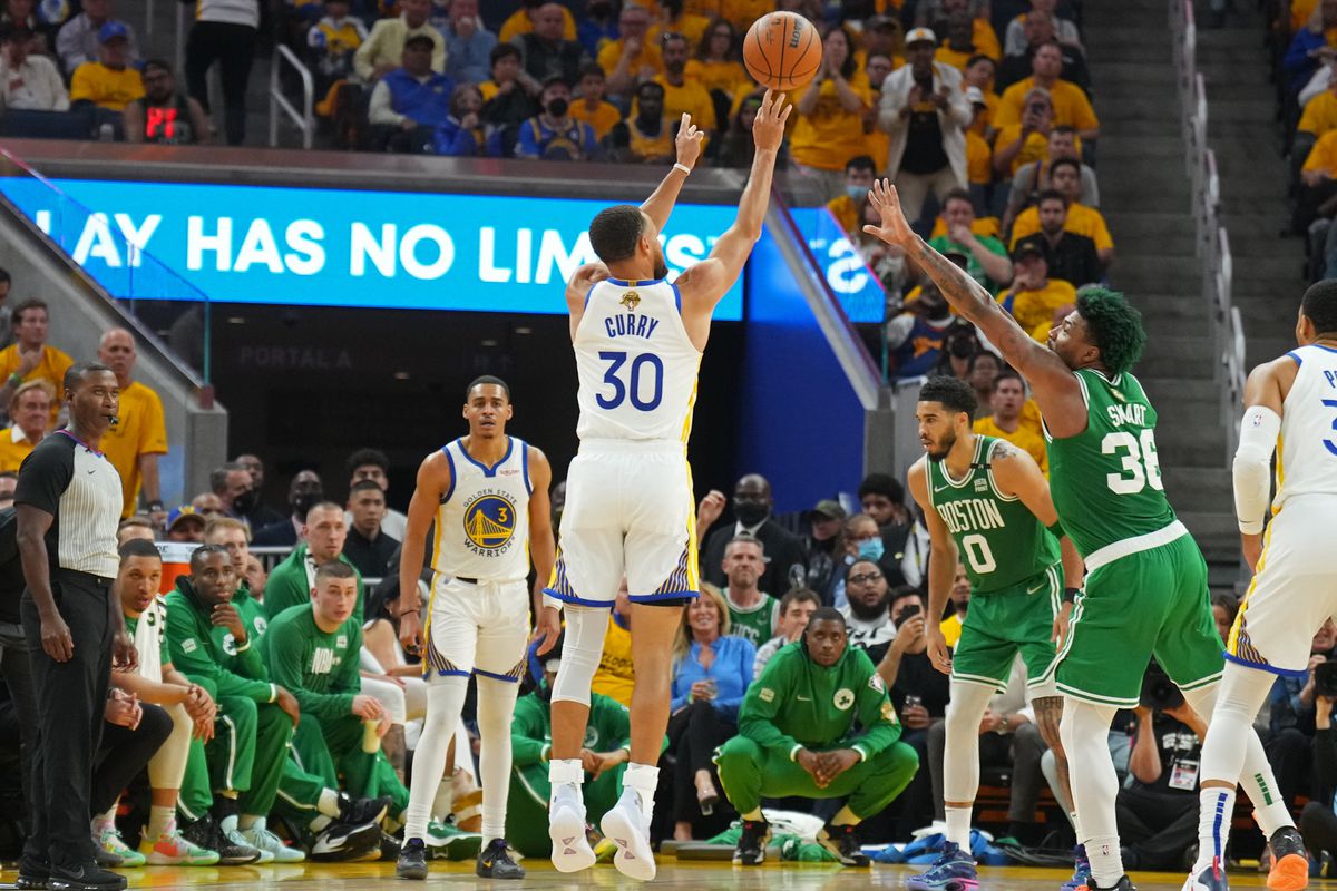 Stephen Curry #30 of the Golden State Warriors shoots a three point basket against the Boston Celtics during Game One of the 2022 NBA Finals on June 2, 2022 at Chase Center in San Francisco, California.&nbsp;