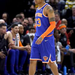 New York Knicks guard Trey Burke (23) plays in a basketball game against his former team, the Utah Jazz, at the Vivint Smart Home Arena in Salt Lake City on Friday, Jan. 19, 2018.