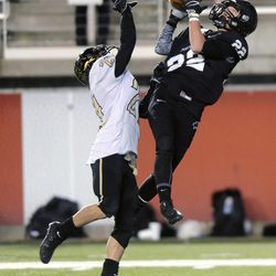 Pine View's Colton Miller makes a reception over the defense of Desert Hills' Jacob Gabriel during the 3AA State Championships at Rice-Eccles Stadium on Friday, November 22, 2013.
