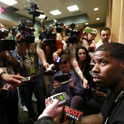 Utah Jazz forward Marvin Williams speaks with the media as Jazz players clean out their lockers for the season in Salt Lake City Thursday, April 17, 2014.