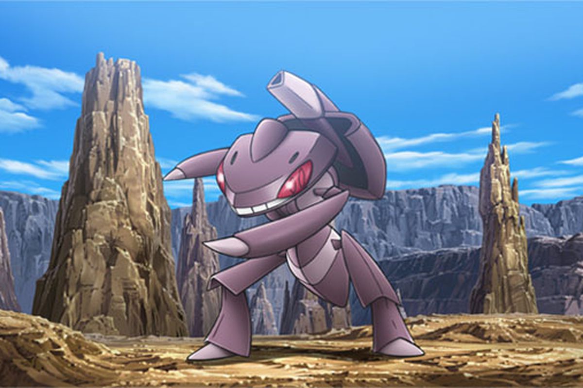 Genesect stands in a rocky terrain area