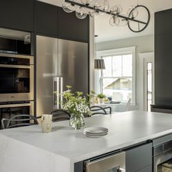 Matte-black cabinets frame the wall ovens and refrigerator- freezer; an orb light accents the island. 