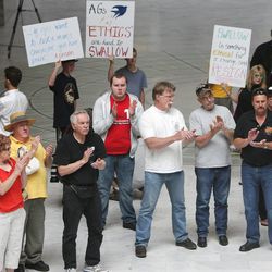Protesters gather at the Capitol rotunda in Salt Lake City Wednesday, June 19, 2013, to protest what they believe is corruption in the Utah Attorney General’s Office.