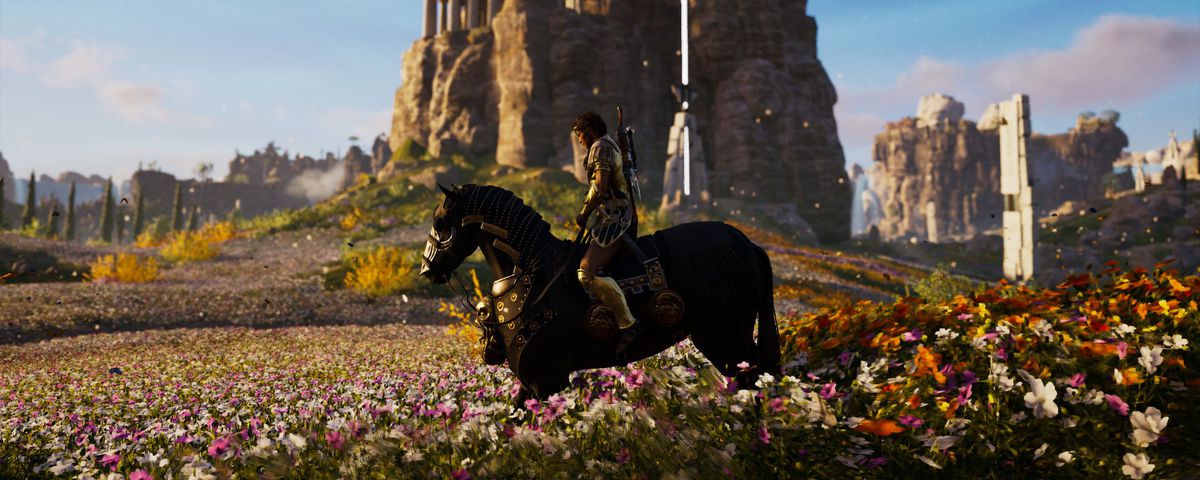 Kassandra in Atlantis, sitting on an armored black horse.