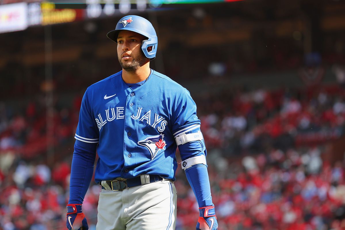 George Springer of the Toronto Blue Jays returns to the dugout after striking out against the St. Louis Cardinals in the ninth inning at Busch Stadium on April 1, 2023 in St Louis, Missouri.