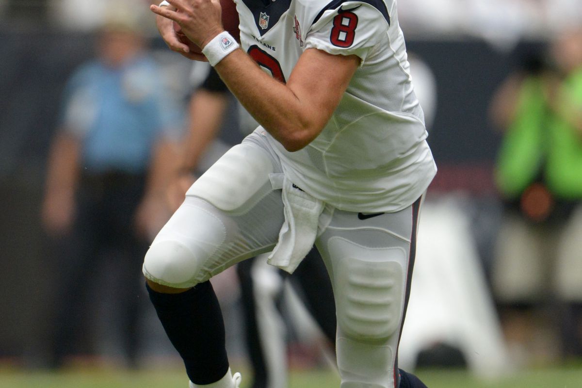Sep 9, 2012; Houston, TX, USA; Houston Texans quarterback Matt Schaub (8) scrambles during the game against the Miami Dolphins at Reliant Stadium. The Texans defeated the Dolphins 30-10. Mandatory Credit: Kirby Lee/Image of Sport-US PRESSWIRE