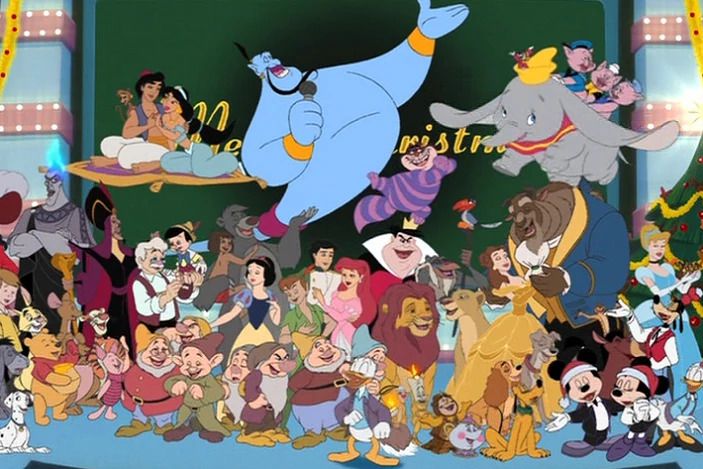 a collection of Disney characters — including the Genie, dumbo, simba, and more — belting out a christmas song