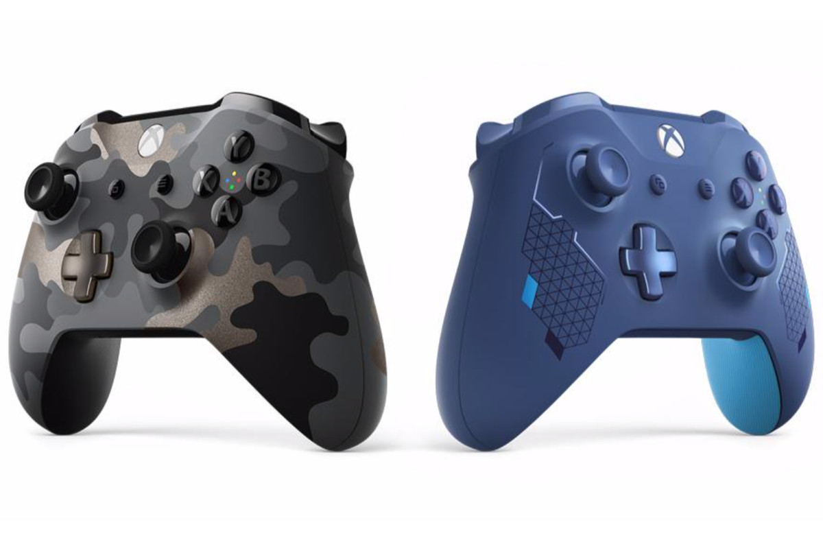 Product shot of the two new Xbox One controller styles, Night Ops Camo and Sport Blue