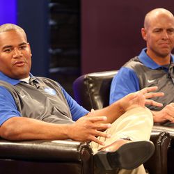 Defensive coordinator Ilaisa Tuiaki and Assistant head coach Ed Lamb answer questions during BYU Media Day at BYU Broadcasting in Provo on Thursday, June 30, 2016.