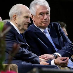 President Russell M. Nelson and Elder Dieter F. Uchtdorf of the Quorum of the Twelve Apostles sit side by side at the Amway Center in Orlando, Florida, after a devotional on Sunday, June 9, 2019.