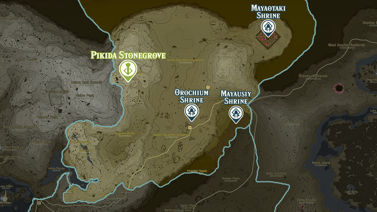 نقشه Zelda Tears of the Kingdom منطقه Pikida Stonegrove با مکان‌های زیارتگاه مشخص شده است