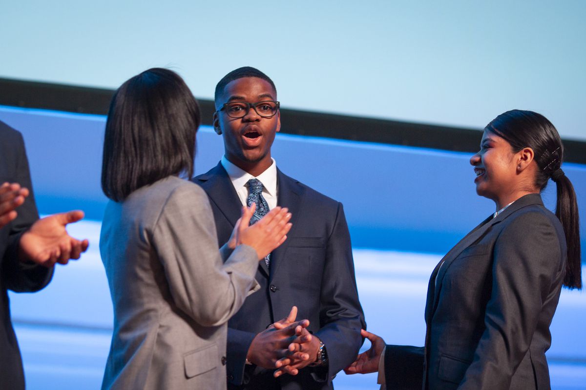 Joshua Houston, 18, of Beverly, reacts after hearing he’d just won Youth of the Year, the 117-year-old organization’s highest honor, at the Boys &amp; Girls Club of Chicago’s March 7 Youth of the Year Gala at Navy Pier. Applauding him are fellow finalists