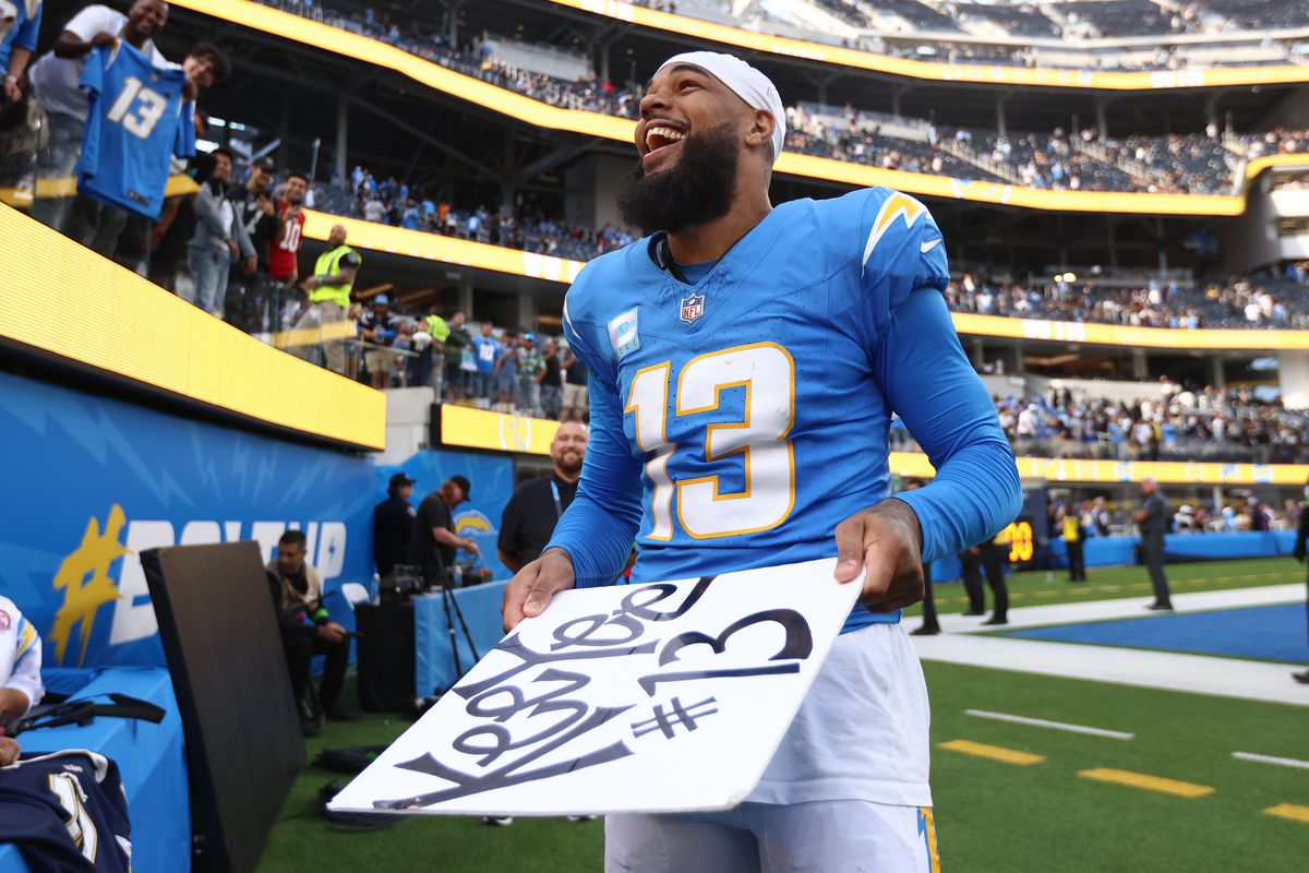 Keenan Allen of the Los Angeles Chargers celebrates after a win against the Las Vegas Raiders at SoFi Stadium on October 01, 2023 in Inglewood, California.