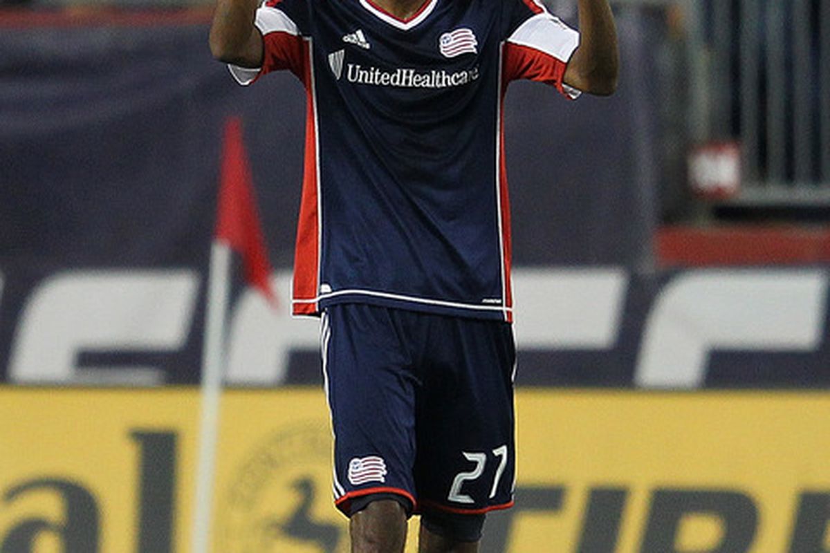 FOXBORO, MA - JULY 8:  Jerry Bengtson #27 of the New England Revolution reacts after his first goal against the New York Red Bulls at Gillette Stadium July 8, 2012 in Foxboro, Massachusetts. (Photo by Jim Rogash/Getty Images)