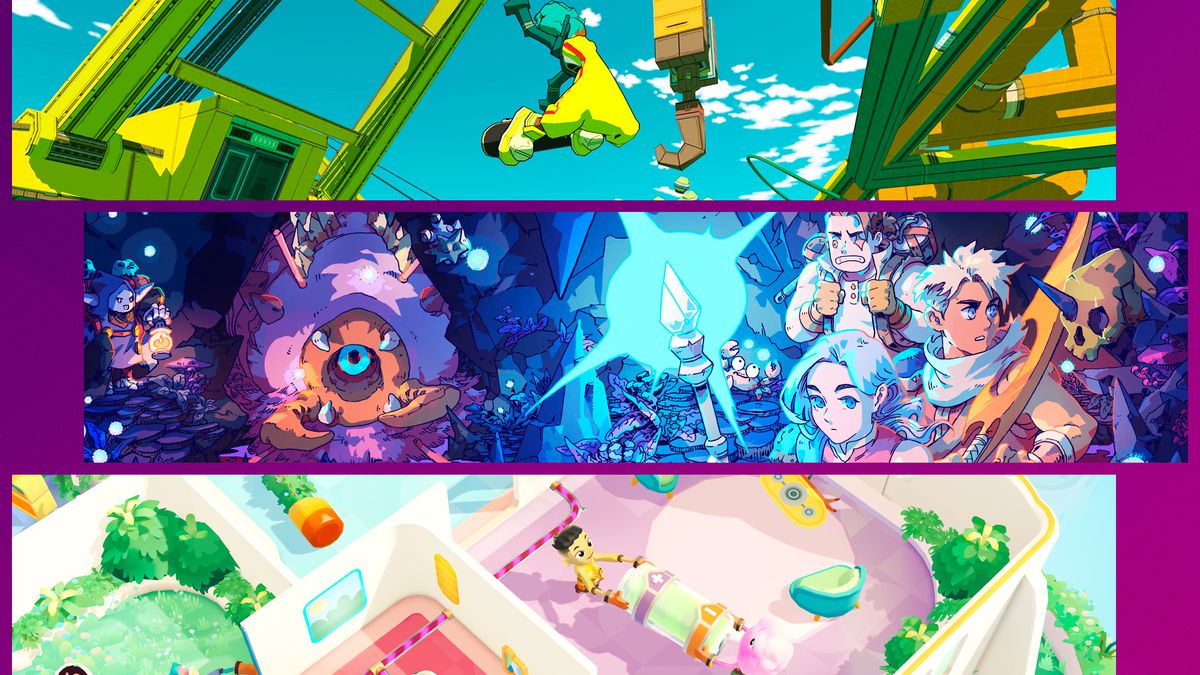 A graphic compiling images from three games stacked on top of each other. The games are Bomb Rush Cyberfunk, a skating action game, Sea of Stars, a turn-based RPG, and Moving Out 2, a co-op multiplayer game.