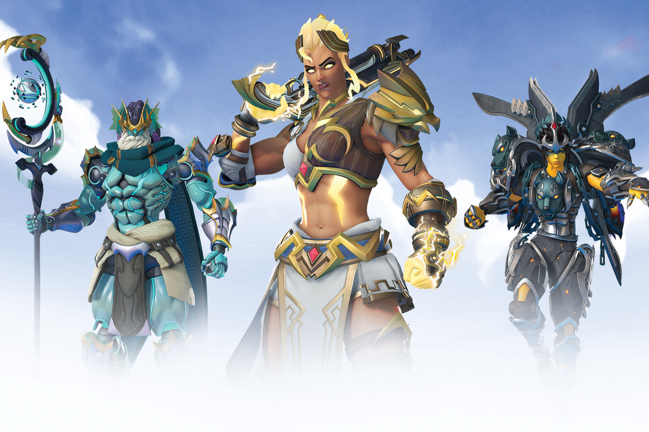 Graphic from Overwatch 2 highlighting three heroes Ramattra, Junker Queen, and Pharah in their new Olympian gods themed cosmetic skins