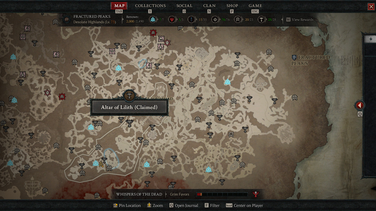 A map showing the Altars of Lilith in Fractured Peaks in Diablo 4