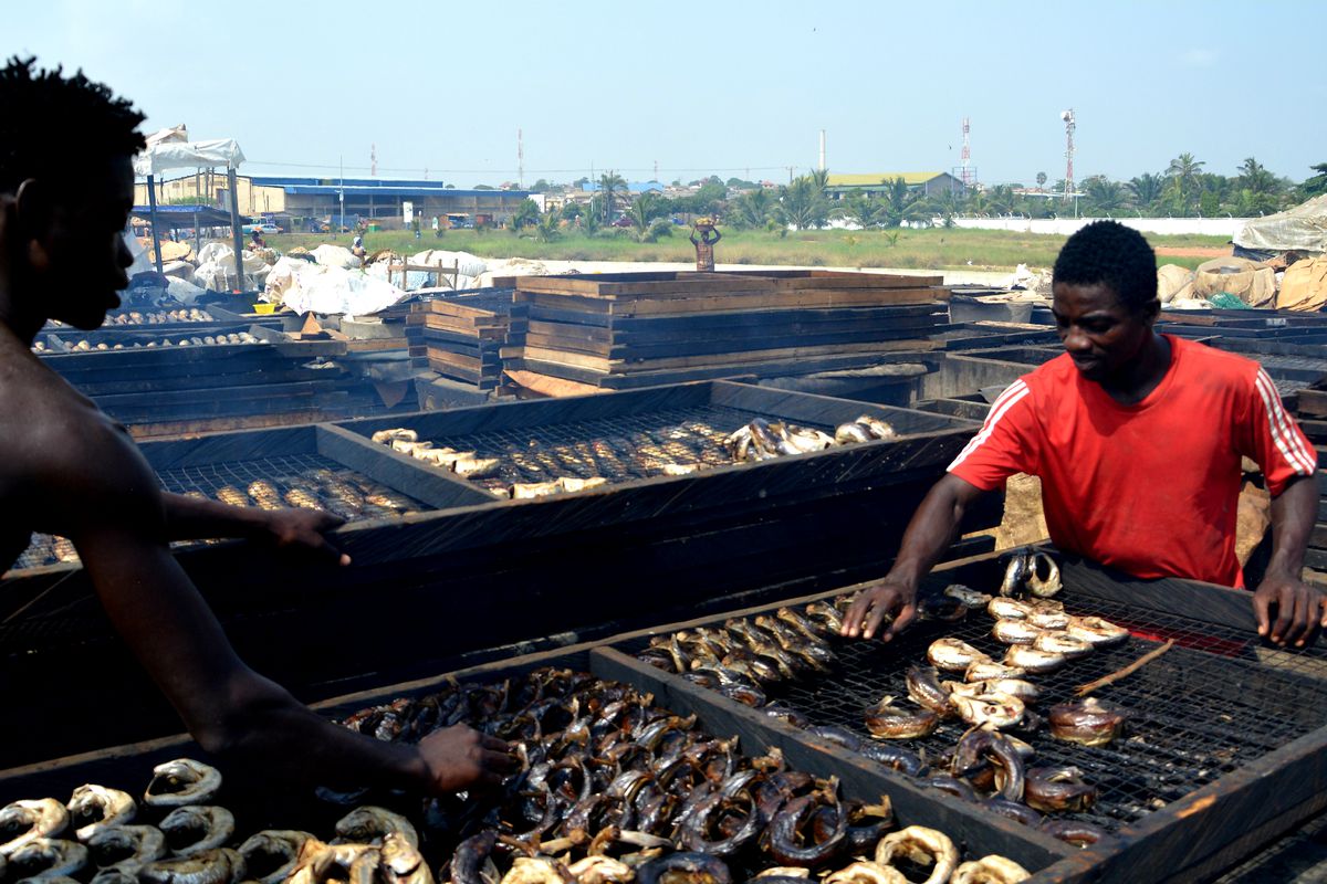 Two young men at a wharf in Greater Accra watch over the day’s catch, cooking on a smoky grill.  