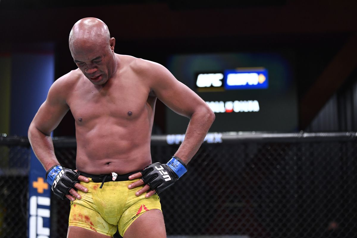Anderson Silva of Brazil reacts after his loss to Uriah Hall in a middleweight bout during the UFC Fight Night event at UFC APEX on October 31, 2020 in Las Vegas, Nevada.
