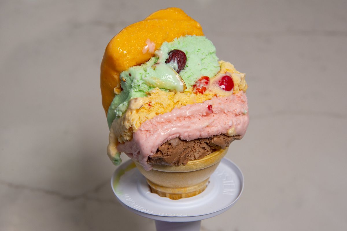 A rainbow ice cream cone.