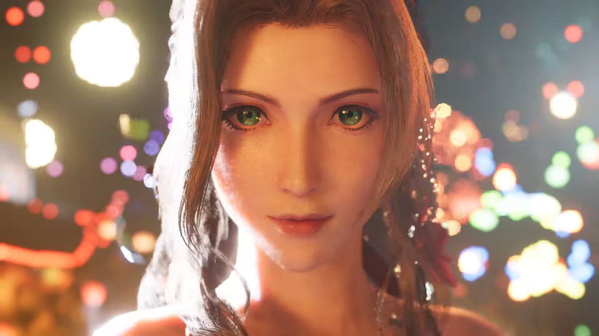 Aerith looks beautiful and done-up as fireworks fire off behind her in the Final Fantasy 7 Remake.