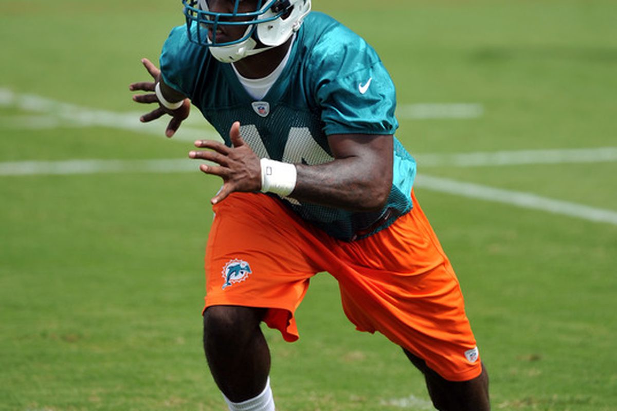 May 4, 2012; Davie, FL, USA; Miami Dolphins running back Lamar Miller (44) during rookie mini-camp practice at the Dolphins training facility. Mandatory Credit: Steve Mitchell-US PRESSWIRE
