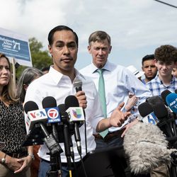 Democratic presidential candidate and former Housing Secretary Julián Castro speaks outside the Homestead Detention Center, Friday, June 28, 2019, where the U.S. is detaining migrant teens in Homestead, Fla. (Jennifer King/Miami Herald via AP)