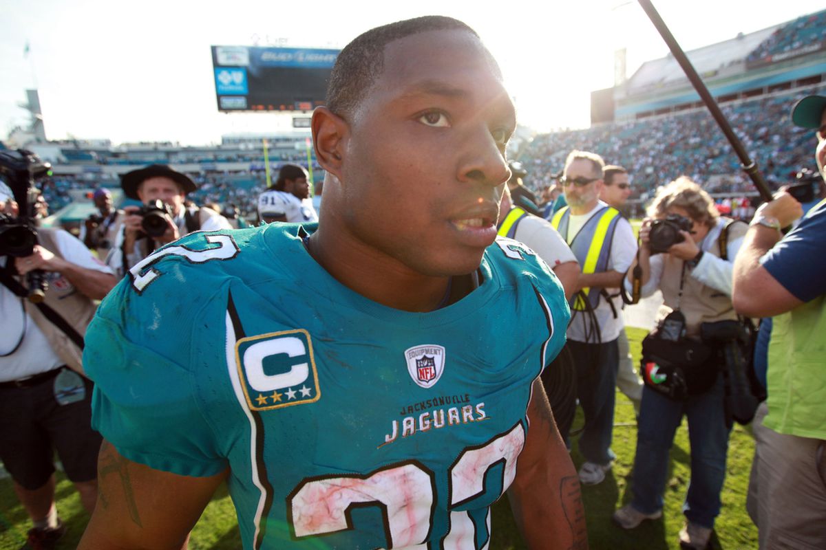 Jan. 1, 2012; Jacksonville FL, USA; Jacksonville Jaguars running back Maurice Jones-Drew (32) after the game against the Indianapolis Colts at EverBank Field. Jacksonville defeated Indianapolis 19-13. Mandatory Credit: Matt Stamey-US PRESSWIRE