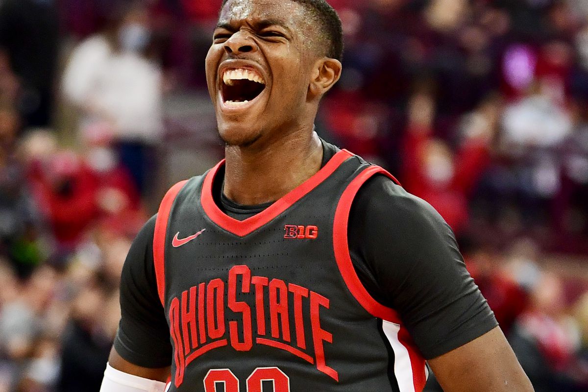 E.J. Liddell of the Ohio State Buckeyes celebrates a basket during the first half of a game against the Wisconsin Badgers at Value City Arena on December 11, 2021 in Columbus, Ohio.