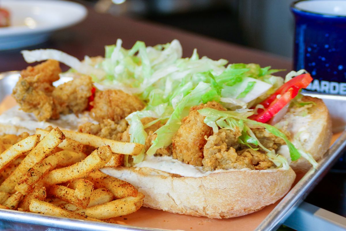Shrimp and oyster po’boy with fries at Lagarde in Sandy Springs, atlanta