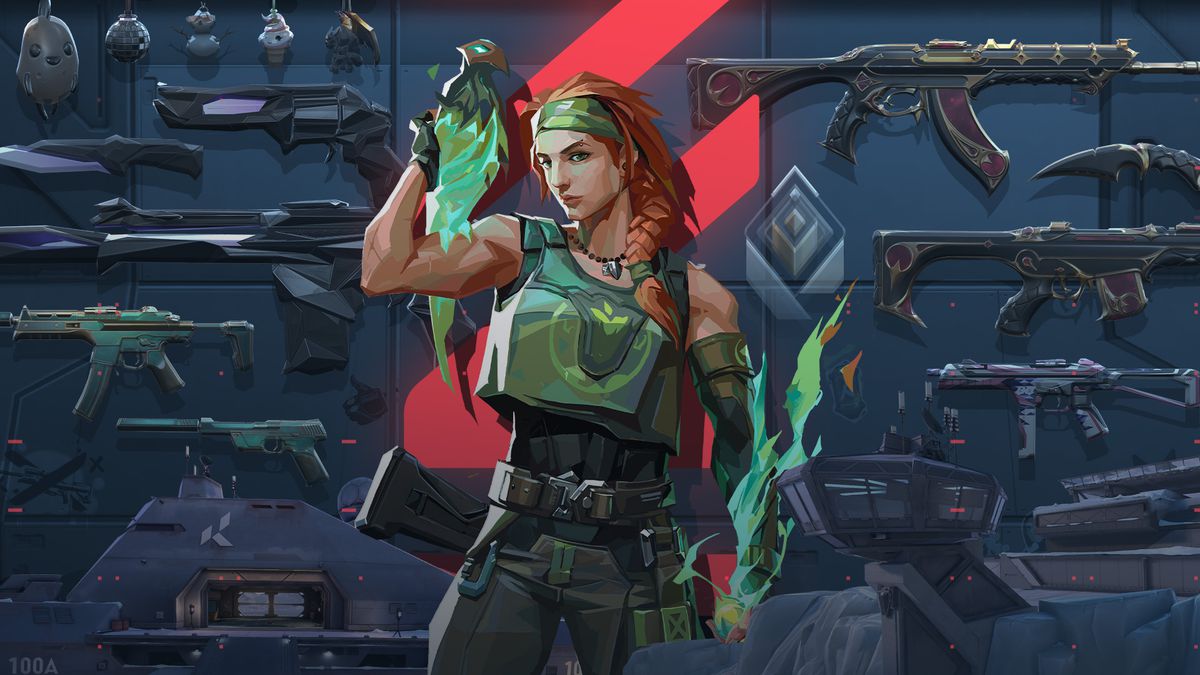 artwork from Valorant of Skye, a red-haired musclebound woman, standing in front of a wall of guns