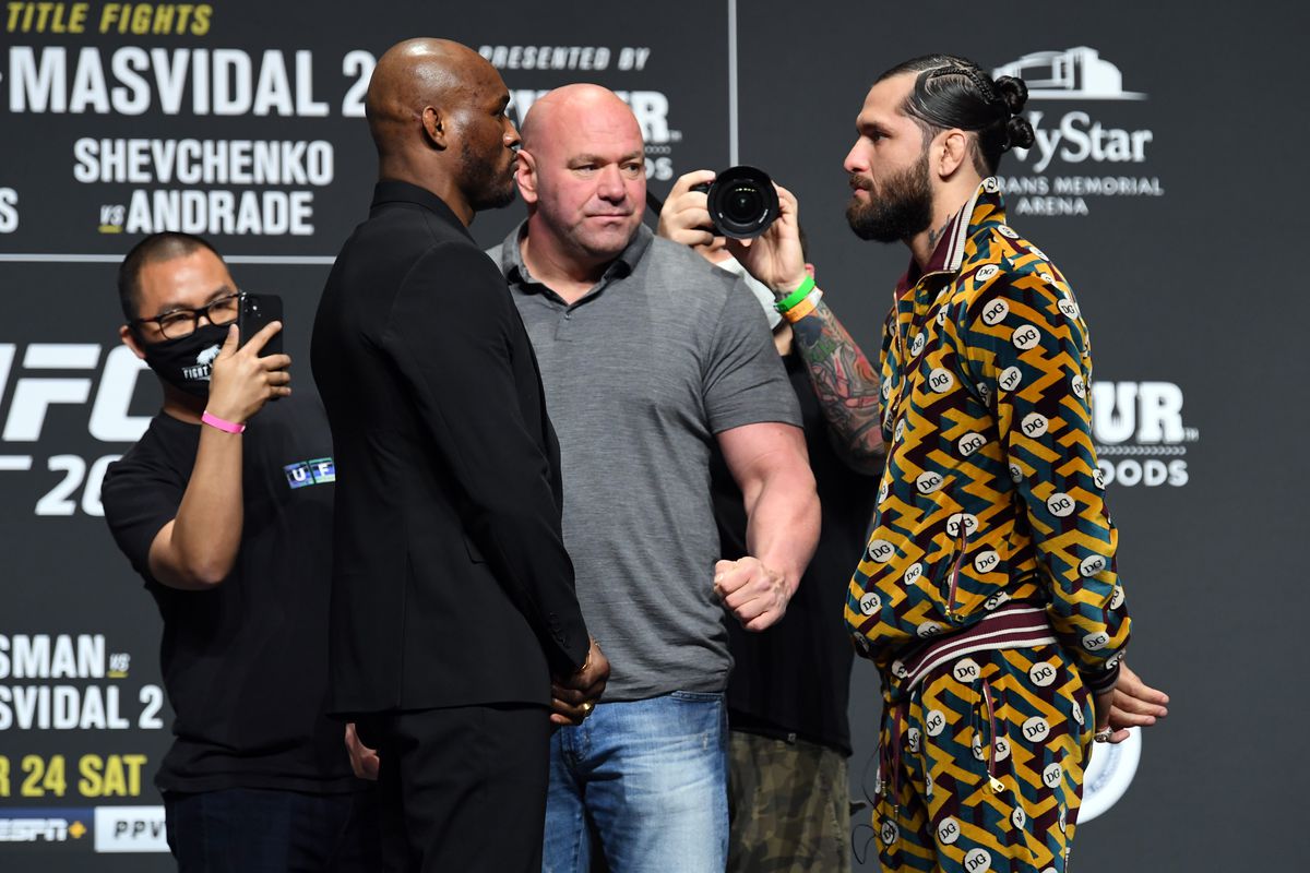 UFC Welterweight Champion Kamaru Usman of Nigeria and Jorge Masvidal face off during the UFC 261 press conference at VyStar Veterans Memorial Arena on April 22, 2021 in Jacksonville, Florida.