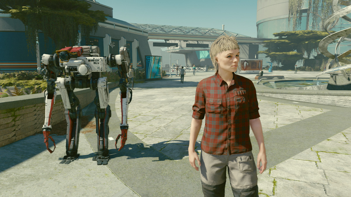 Vasco the robot and the player character, wearing red flannel and sporting a blond mullet, walk together through New Atlantis, a city on the planet Jemison in Starfield