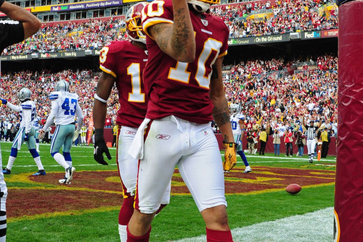 LANDOVER, MD - NOVEMBER 20: Jabar Gaffney #10 of the Washington Redskins celebrates after scoring a touchdown against the Dallas Cowboys at FedEx Field on November 20, 2011 in Landover, Maryland. (Photo by Scott Cunningham/Getty Images)