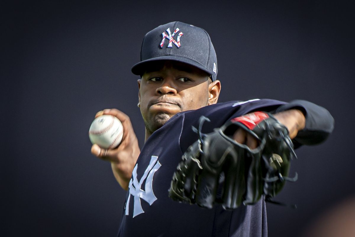 Luis Severino, the Yankees right-hander warms up his arm at spring training in 2020
