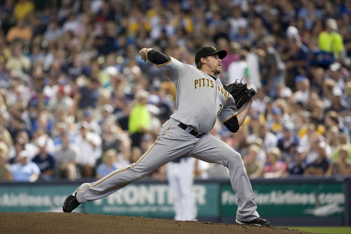 MILWAUKEE, WI - AUGUST 13:  Starting pitcher Kevin Correia #29 of the Pittsburgh Pirates throws against the Milwaukee Brewers at Miller Park on August 13, 2011 in Milwaukee, Wisconsin. (Photo by Mark Hirsch/Getty Images)