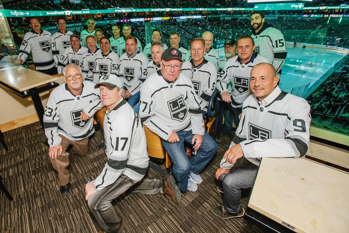 DALLAS, TX - JANUARY 30: The Father's Group of the Los Angeles Kings pose for a group photo prior to a game at the American Airlines Center on January 30, 2018 in Dallas, Texas.