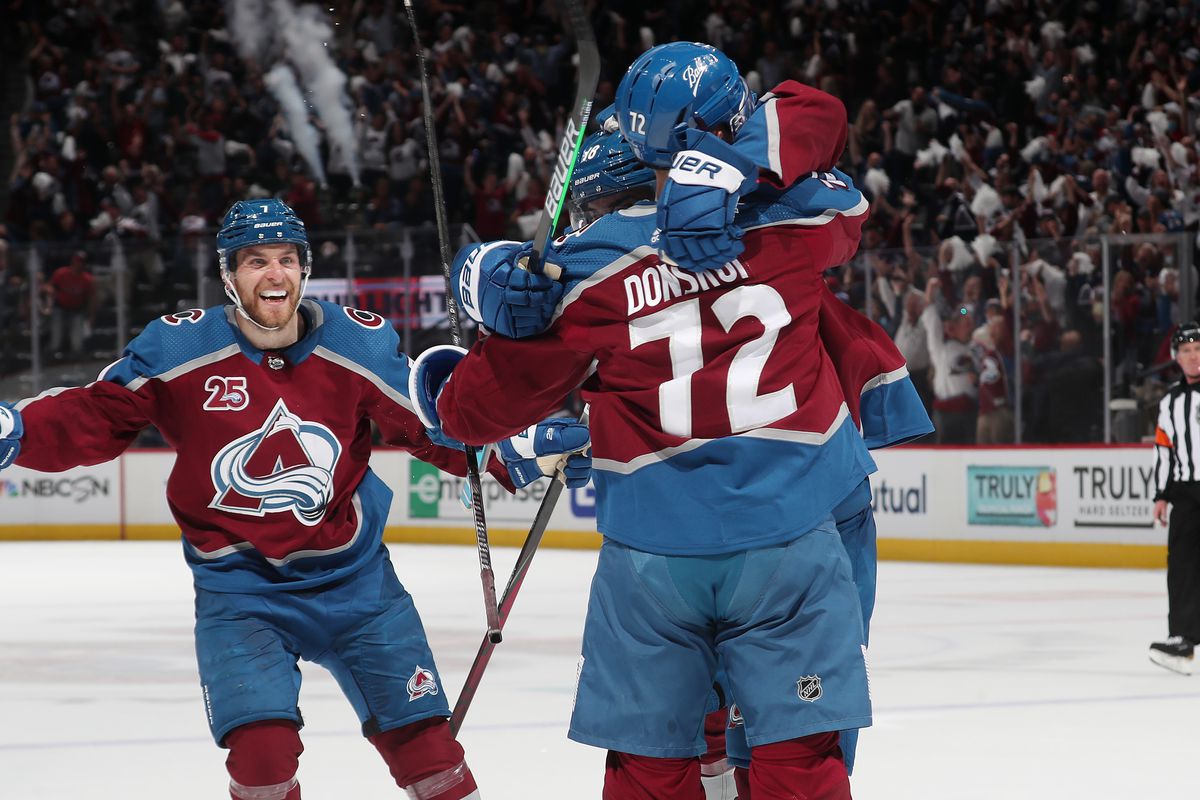 Joonas Donskoi #72 of the Colorado Avalanche celebrates a goal against the Vegas Golden Knights with teammates Alex Newhook #18 and Brandon Saad #20 in Game Five of the Second Round of the 2021 Stanley Cup Playoffs at Ball Arena on June 08, 2021 in Denver, Colorado.
