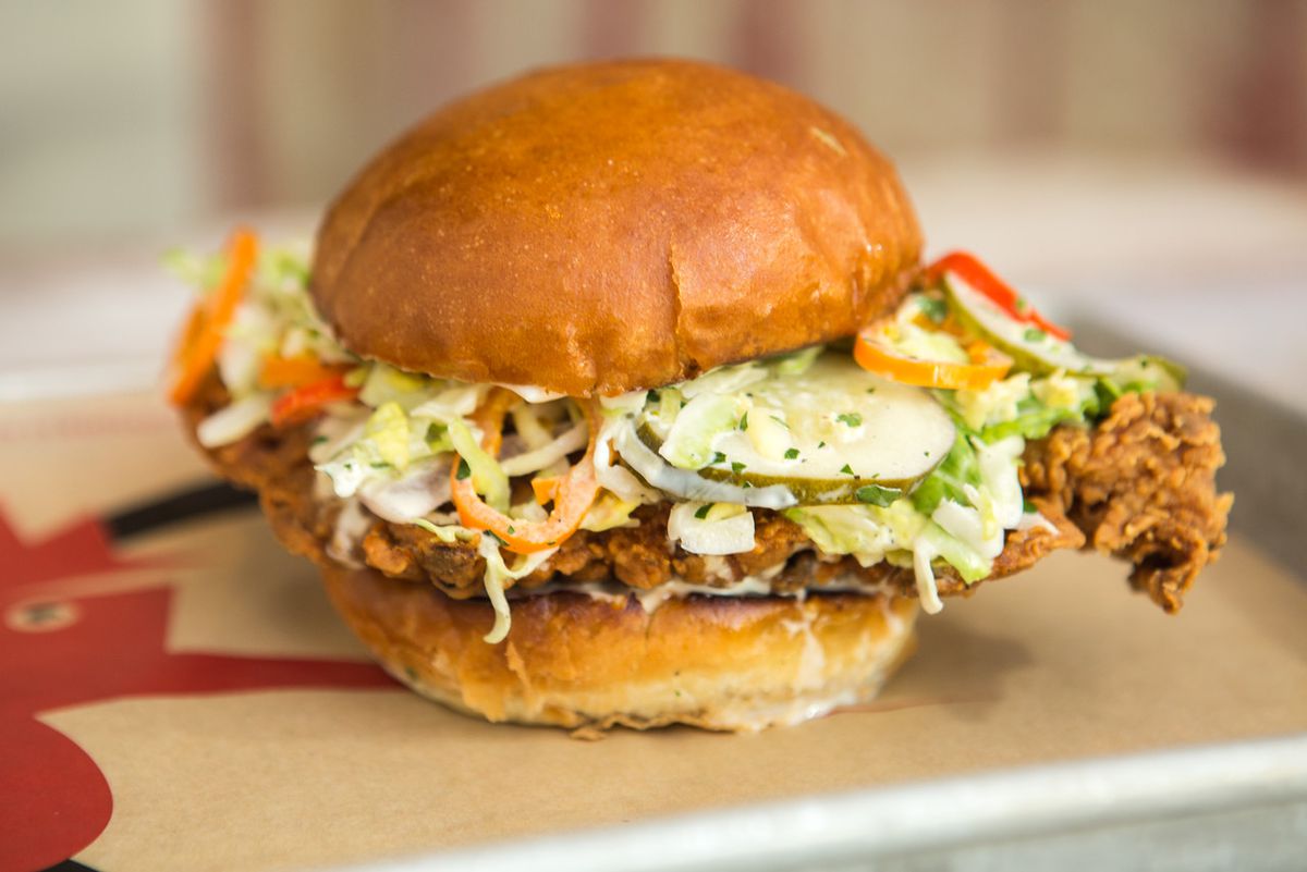 Fried chicken sandwich with slaw and pickles
