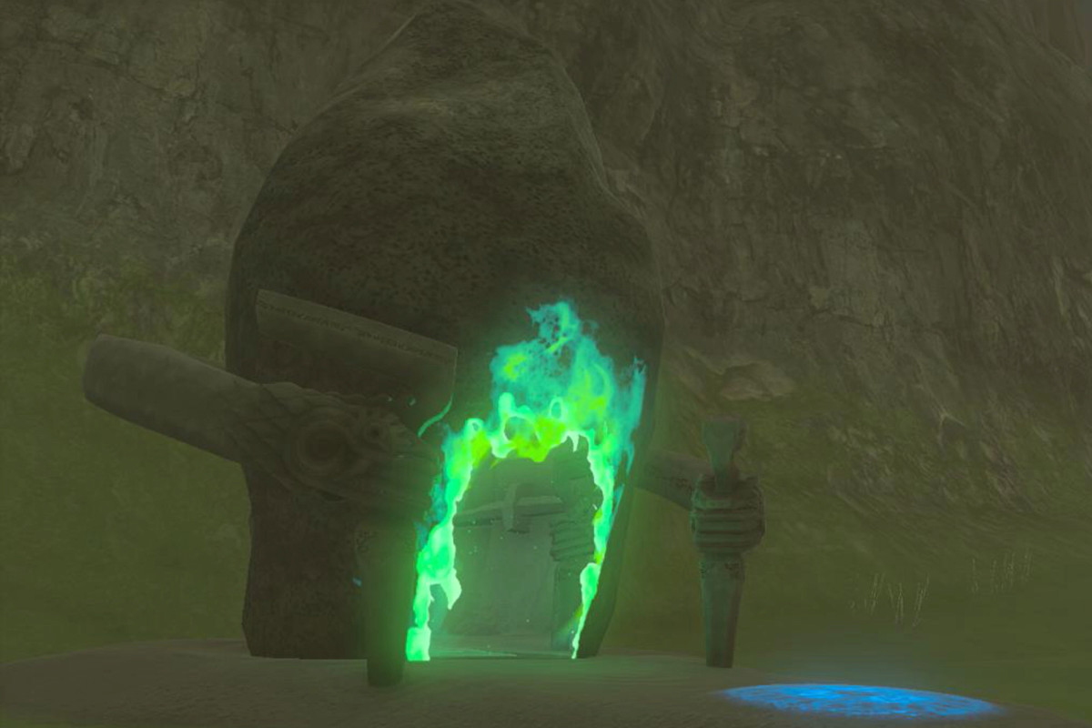A growing green entrance inside a rock for the Eshos Shrine in The Legend of Zelda: Tears of the Kingdom