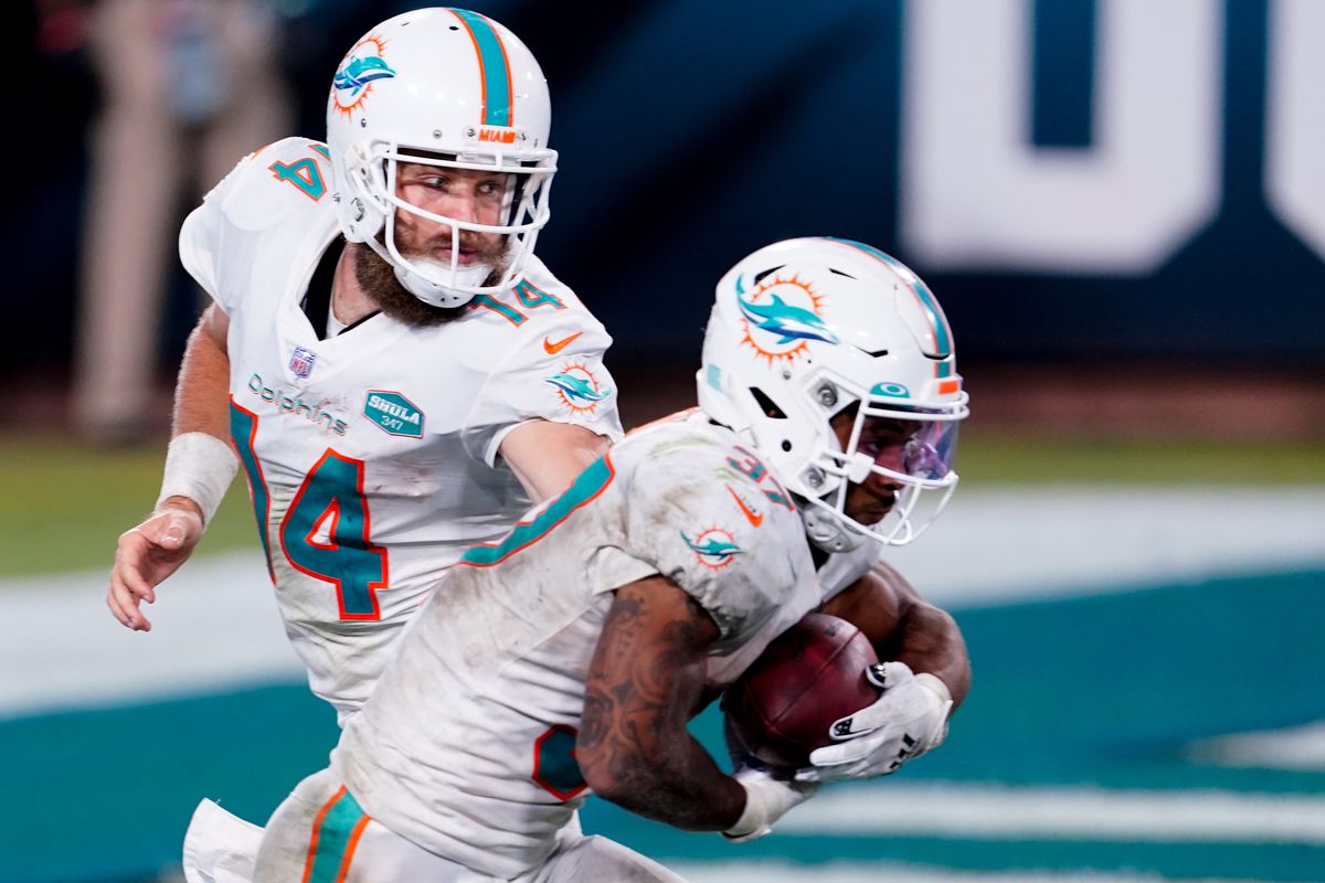 Miami Dolphins quarterback Ryan Fitzpatrick looks to hand the ball off to running back Myles Gaskin against the Jacksonville Jaguars during the second half at TIAA Bank Field.