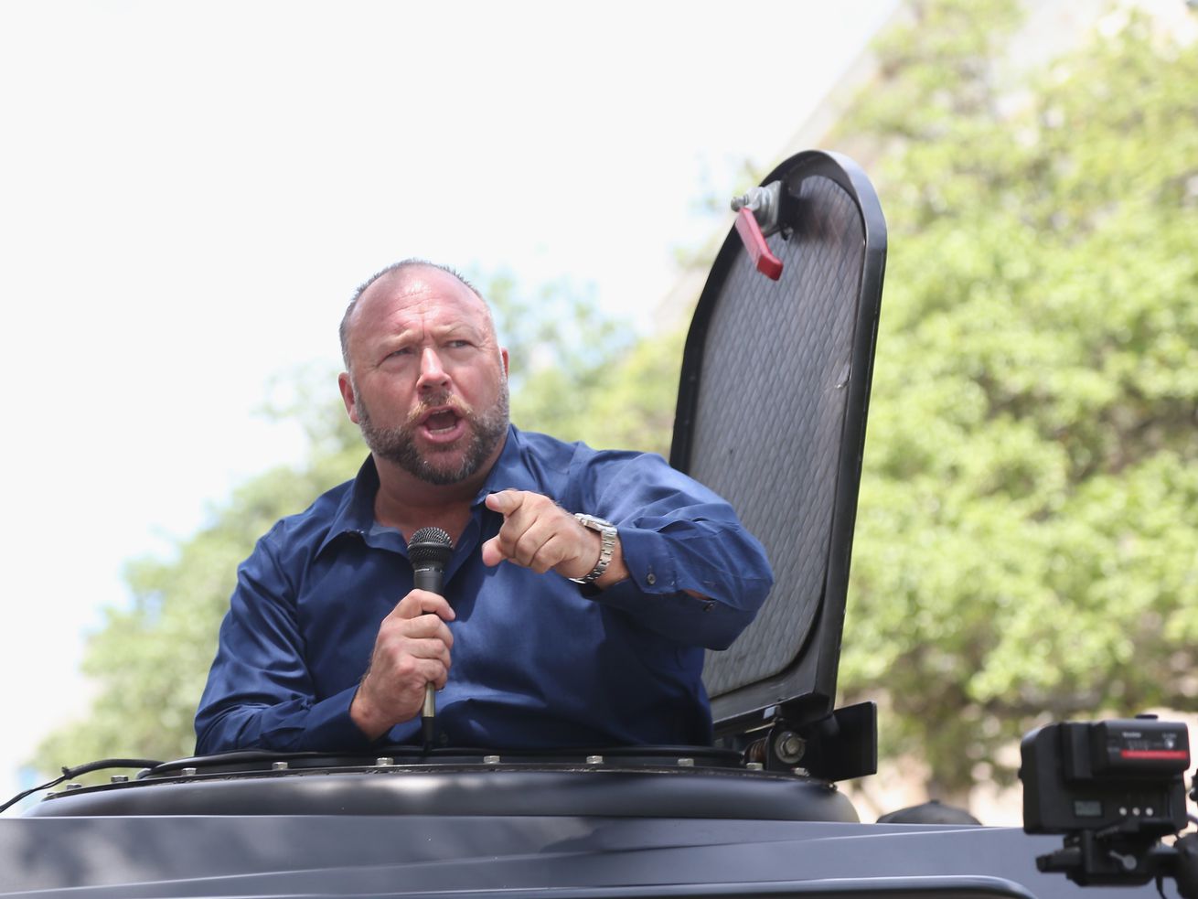 Alex Jones speaking at an outdoor event in Austin, Texas, on April 25, 2020.