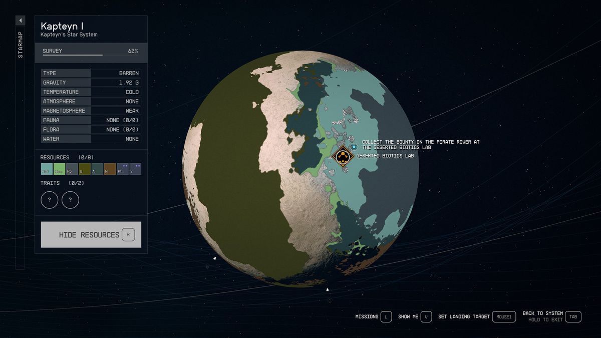A planet shows the location of a Trade Commission request on New Atlantis in Starfield.