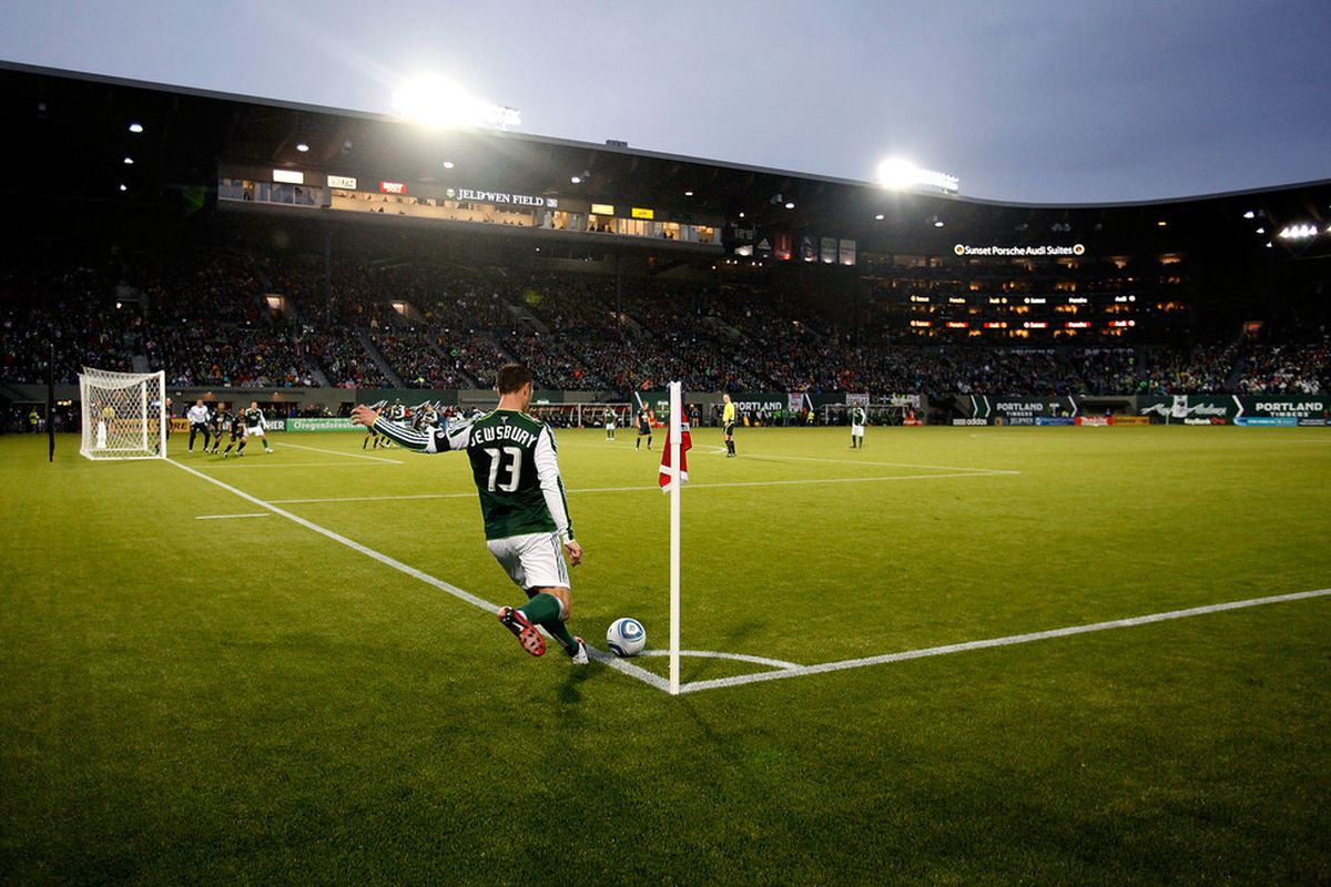 PORTLAND, OR - MAY 06:  Jack Jewsbury #13 of the Portland Timbers takes a corner kick against the Philadelphia Union  on May 6, 2011 at Jeld-Wen Field in Portland, Oregon.  (Photo by Jonathan Ferrey/Getty Images)