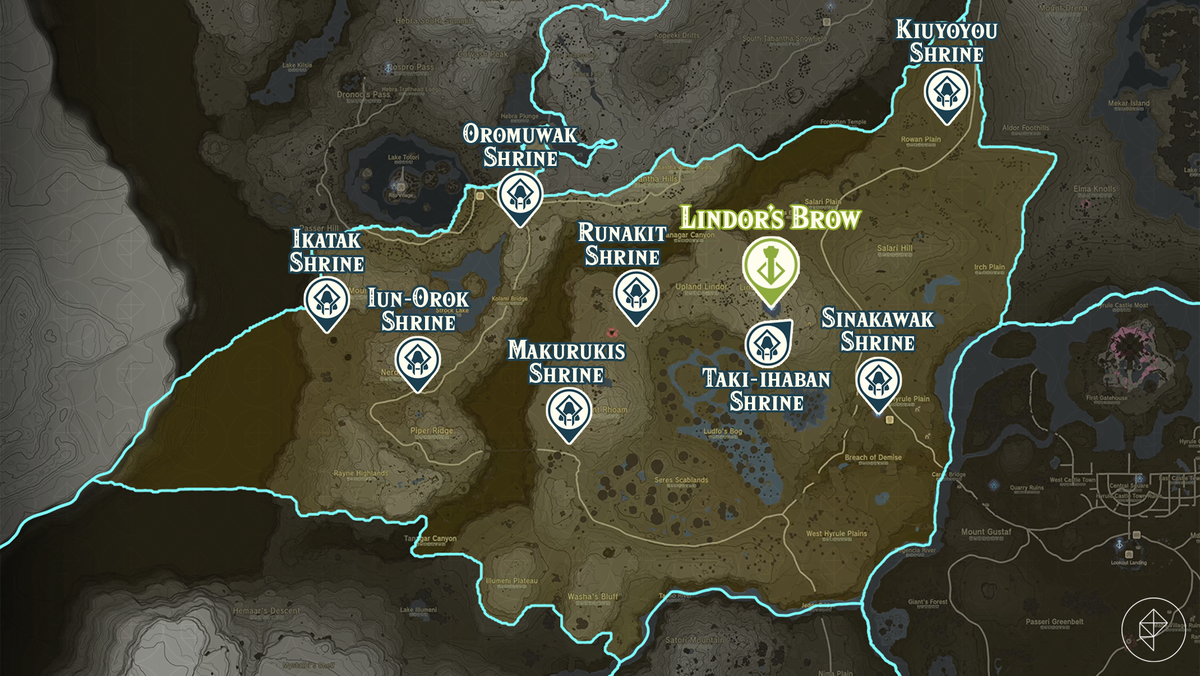 Zelda Tears of the Kingdom map of the Lindor’s Brow region with shrine locations marked