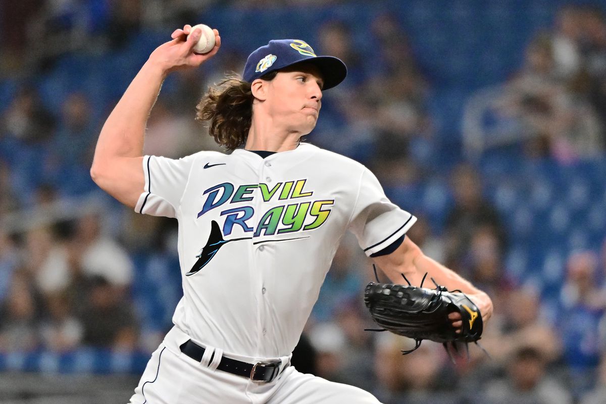 Tyler Glasnow #20 of the Tampa Bay Rays delivers a pitch to the Toronto Blue Jays in the first inning at Tropicana Field on September 22, 2023 in St Petersburg, Florida.