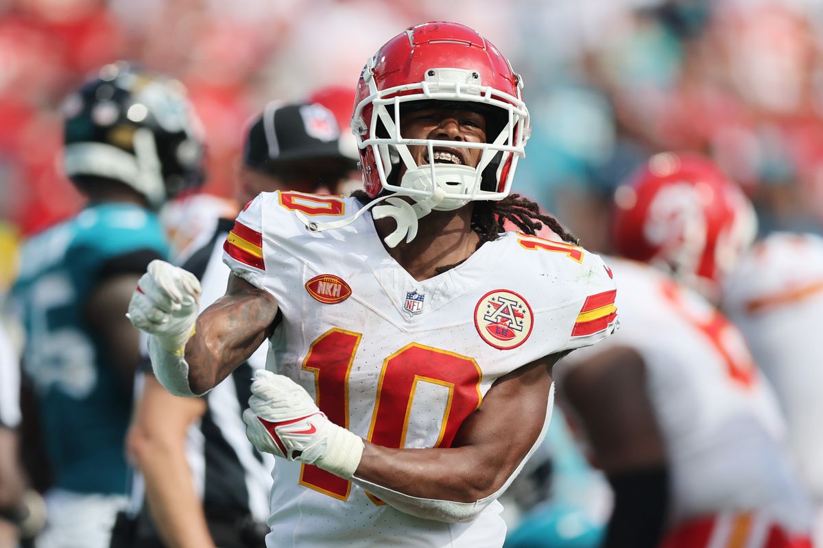 Isiah Pacheco #10 of the Kansas City Chiefs celebrates a first down run against the Jacksonville Jaguars at EverBank Stadium on September 17, 2023 in Jacksonville, Florida.