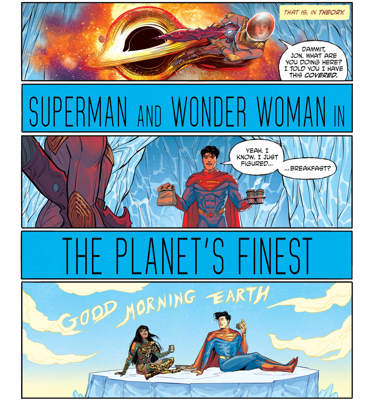 Superman and Wonder Woman share breakfast on an glacier in Future State: Superman/Wonder Woman #2, DC Comics (2021). 